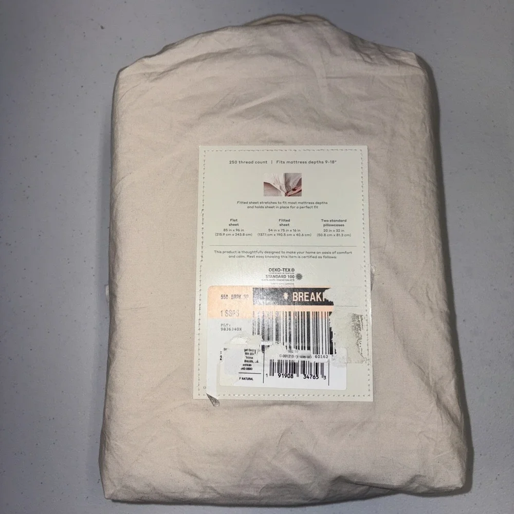 Casaluna Full Size Washed Supima Cotton Percale Solid Natural 4 Pc Sheet Set